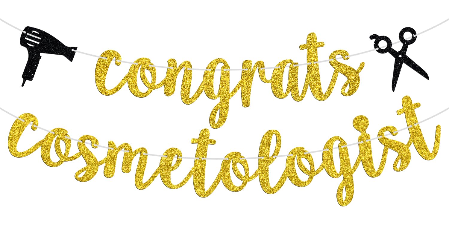 Congrats Cosmetologist Banner, I Will Cut You/Cosmetology School Survivor, 2026 Barber/Hairdresser Graduation Party Decorations Supplies, Gold Glitter