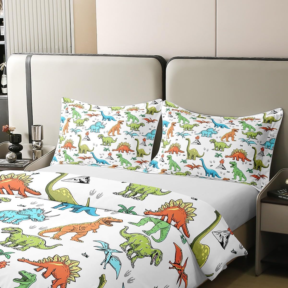 100% Cotton Watercolor Dinosaurs Duvet Cover Twin Cartoon Colorful Dinos Comforter Cover Volcano Plant Paw Print Bedding Set for Boys Girls Bedroom Soft Breathable Quilt Cover,No Comforter