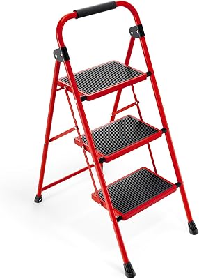 KINGRACK Escalera de 3 escalones, Escalera Plegable con Pedal Antideslizante y Ancho, pequeña con asa, Escalera de Acero Resistente, Ligera y portátil, Color Rojo