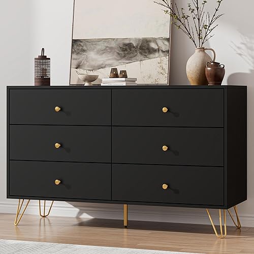 Miniatura 17 de Cómoda Blanca para Dormitorio, Cómoda de 6 Cajones con Manijas Doradas, Gabinete de Almacenamiento Grande, Organizador Moderno de Cajonera para