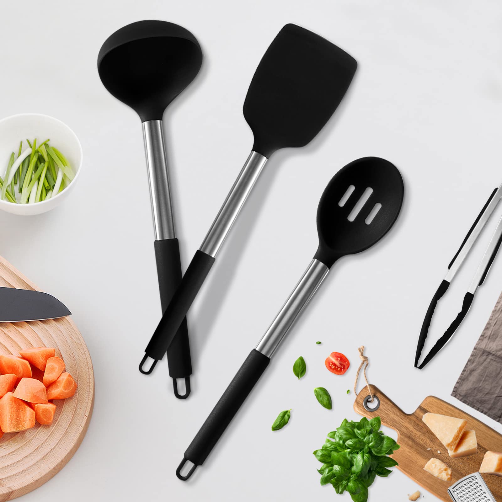 Ustensiles de Cuisine Silicone,49 Pcs Antiadhésif, Set avec Pot de Rangement pour Louche/Spatule,Noir