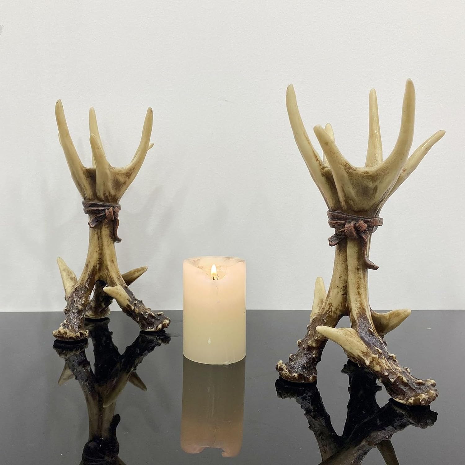 KURKUR Rustic Deer Antler Pillar Candle Holders,Xmas Reindeer Antler Candlestick Christmas Decoration,Antler TeaLight Farmhouse Hunters Decor for Table Centerpieces