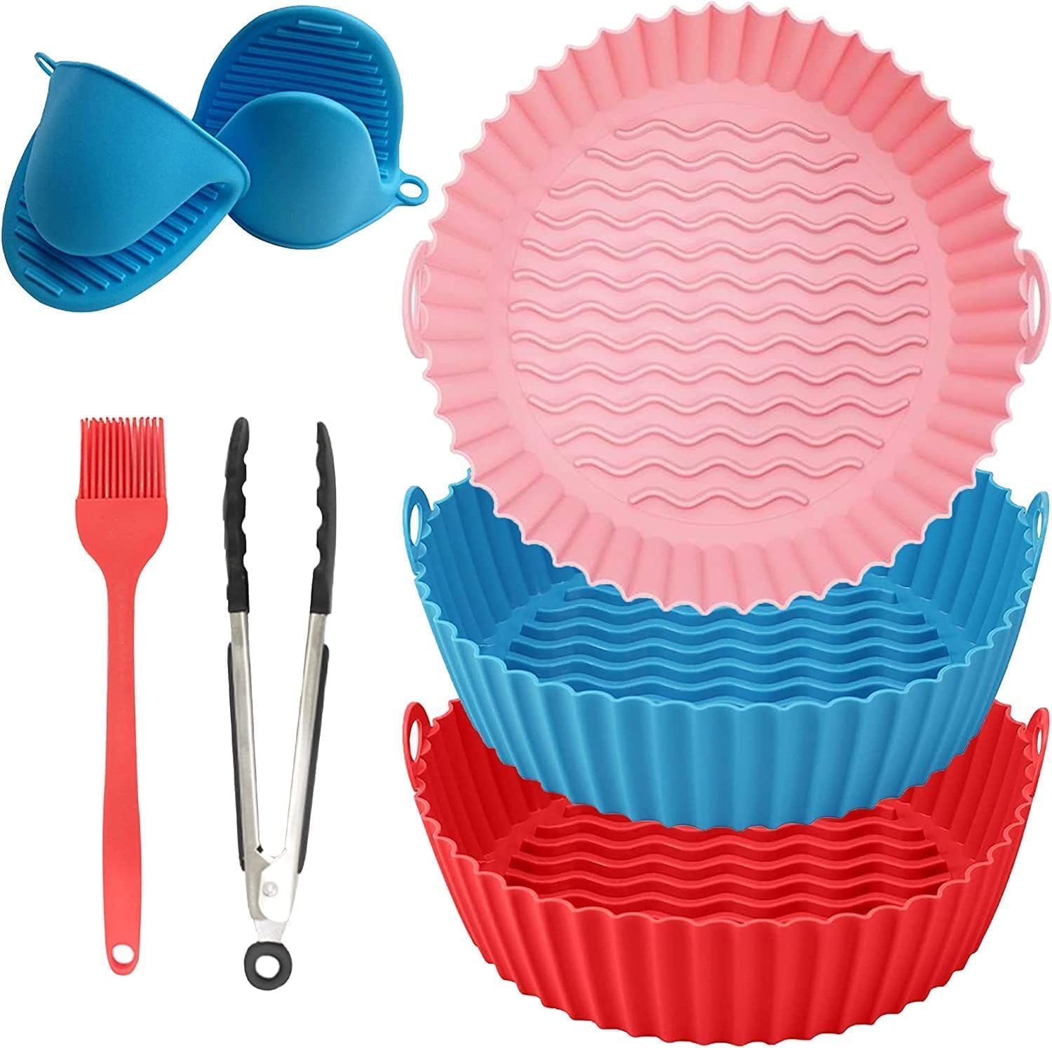 ZAKUDI 3 Air Fryer Silicone Liners & 3 Air Fryer Accessories - 7.87 inch (3-5 Qt+) Food Grade Reusable Silicone Baskets/Pots/Liners with Oven Mitts, Basting Brush and Tongs Multi Color-image-35