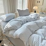 Blue Gingham Couvercle de couverture Twin Size Plaid Grid Couchage vérifié Set 2 Pcs Soft Lavered Microfibre Couvercle de confort avec fermeture à glissière Accueil Déco