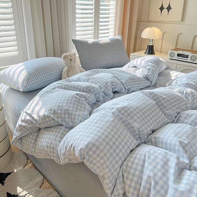 Blue Gingham Couvercle de couverture Twin Size Plaid Grid Couchage vérifié Set 2 Pcs Soft Lavered Microfibre Couvercle de confort avec fermeture à glissière Accueil Déco