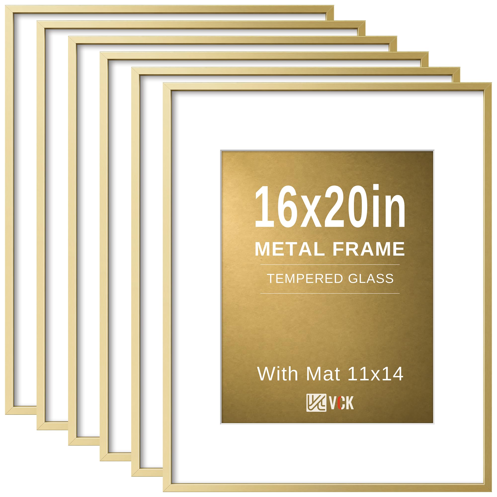 VCK 16x20 Frames Gold Metal, Real Glass, 11x14 Mat, Set of 6, for Picture