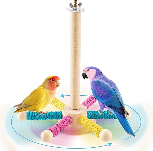 Uoiispet Spinning Bird Play Toy for Parrots, 360° Interactive Birds Perch Stand for Conures Wood Perches Enrichment Cockatiel Toys for Budgies, Birds Cage Accessories for Bird Cages