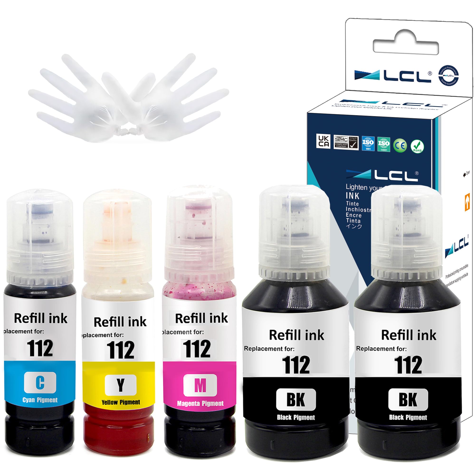 LCL Kompatybilna butelka z atramentem pigment (5 szt. 2 KCMY) zamiennik do Epson 112 C13T06C14A C13T06C24A C13T06C34A C13T06C44A L5160 L5150