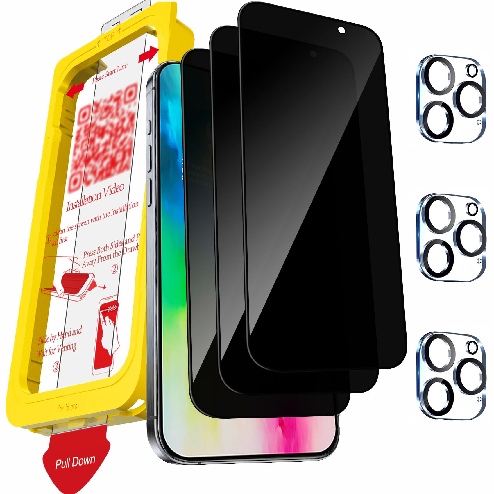 Milomdoi 3 Pezzi Vetro Temperato per iPhone 16 Pro Pellicola Privacy Accessori AntiSpy Protettivo 3 Pezzi Cover Protezione Pellicola Fotocamera