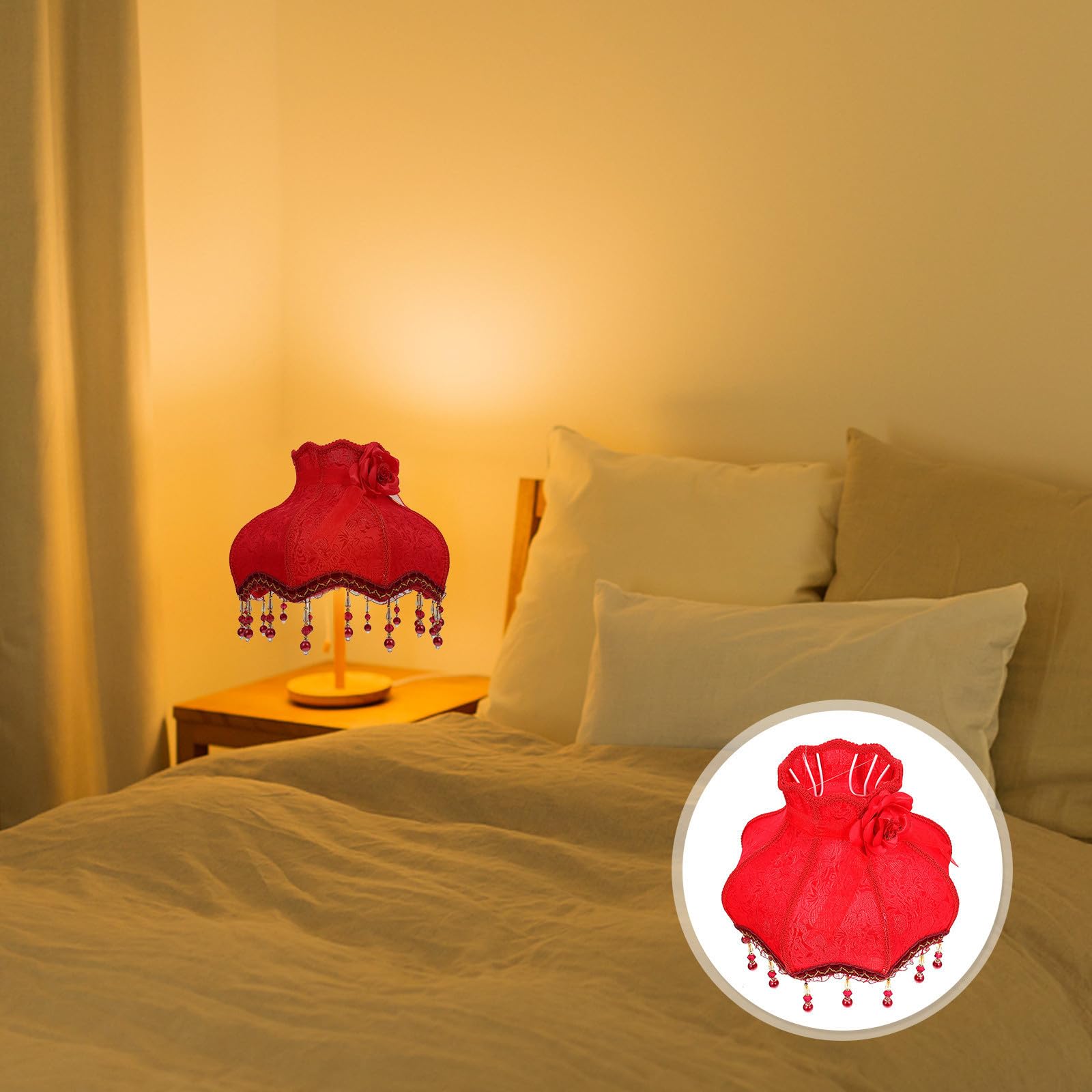 Roter Lampenschirm aus Stoffspitze mit Perlen für E27, 4cm