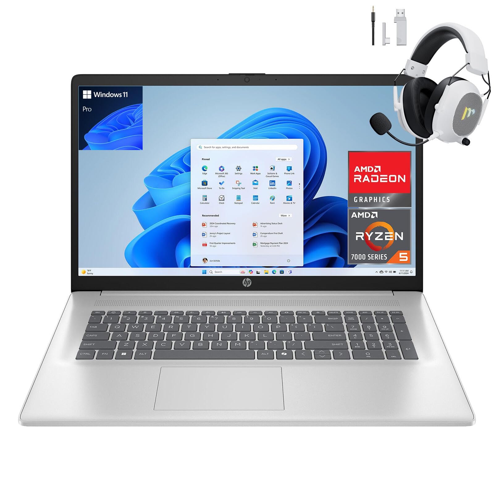 HP 17.3 inch Laptop, FHD Display, AMD Ryzen 5 7430U, 16GB RAM, 512GB SSD, AMD Radeon Graphics, Windows 11 Pro, Natural Silver, Webcam, HDMI, Wi-Fi 6,