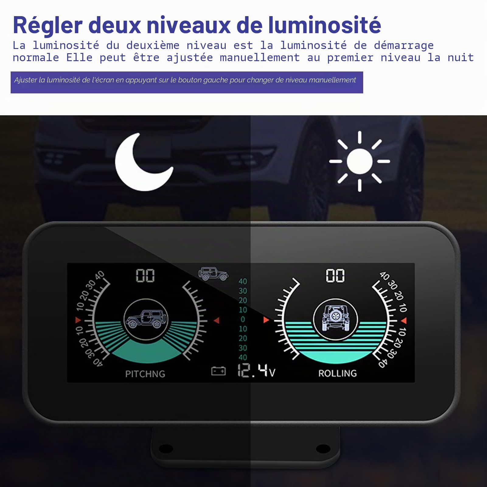 Fydun Jauge D'inclinaison de Niveau D'inclinomètre de Voiture, HUD Indicateur de Clinomètre de Boussole électronique de Voiture Compteur de Pente d'angle de Voiture D'inclinomètre Numérique pour Auto