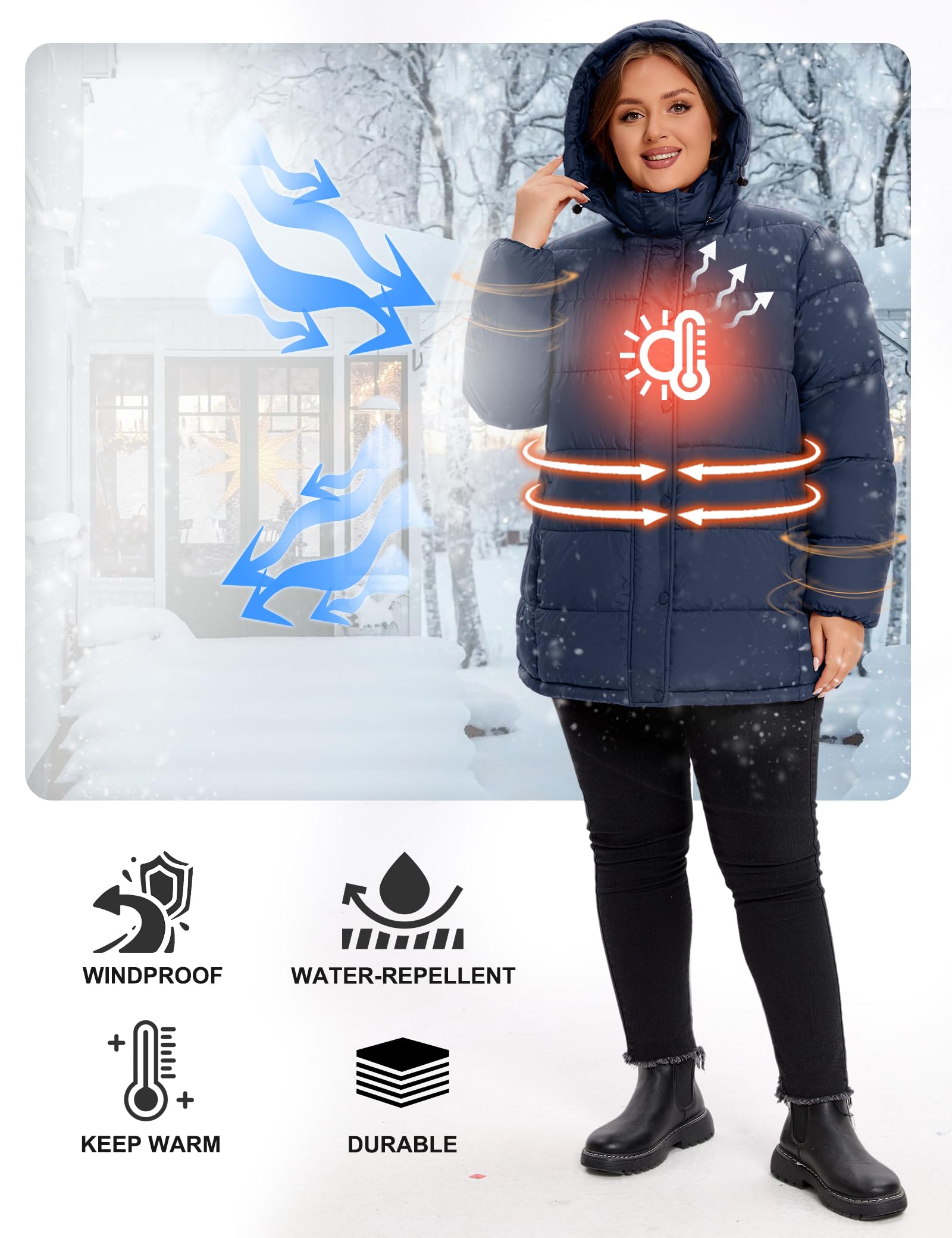 WINDMILL Piumino da donna per taglie forti, caldo cappotto invernale con cappuccio (1X-6X)