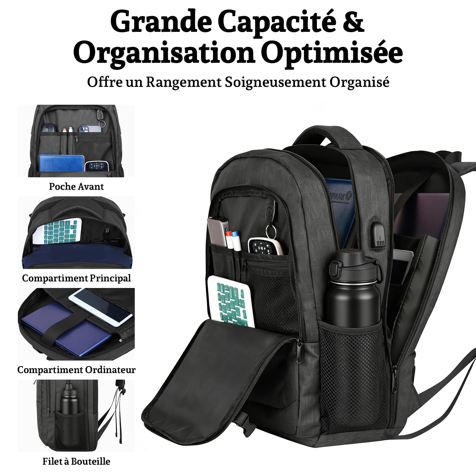 Sac à Dos Ordinateur 17,3 Pouces Homme, Sac PC Grande Capacité 35L Imperméable avec Port USB, Sac à Dos Antivol pour Travail, Université et Voyage Cabine