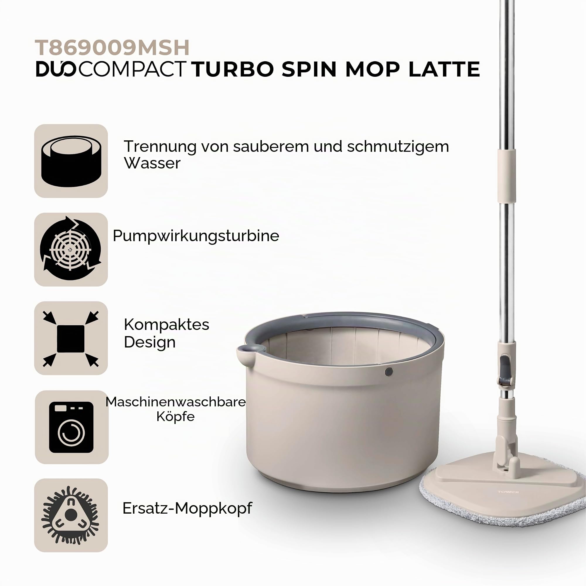 Tower Duo Compact Spin Mop & Eimer Saubere & Schmutzwassertrennung Müheloses 360° Auswringen 2 Wiederverwendbare Mikrofaser Wischpads Latte & Grau
