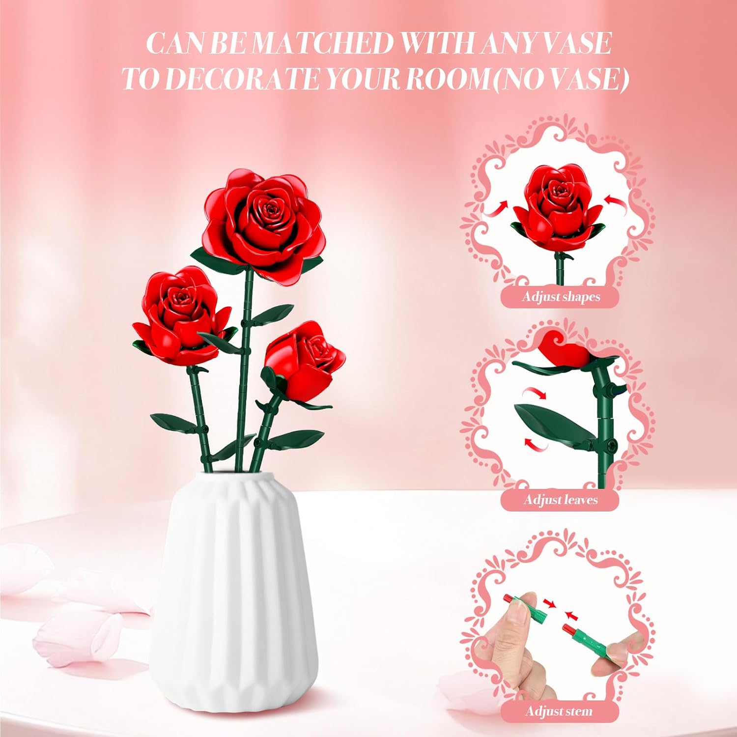 Mother's Day Flowers Bouquet Building Set, 3 Artificial Red Roses Botanical Collection Building Block Educational Toys Gift for Girls Kids Women Gift for Valentine's Day Christmas, 162 PCS