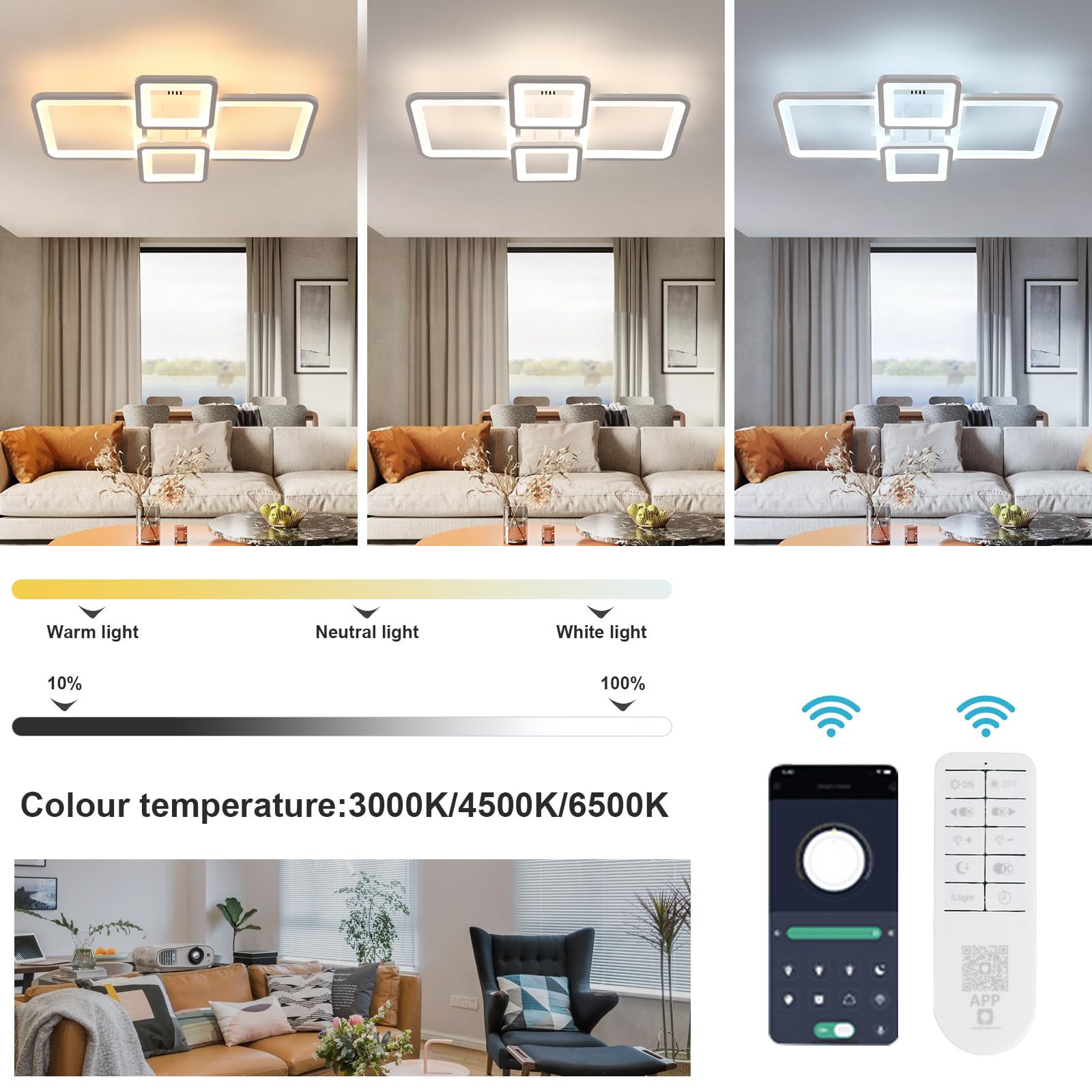 Comely Plafoniera LED Soffitto Dimmerabile, 54W 6000LM Lampada da Soffitto | Con Telecomando, Bianco Quadrato Lampadario LED Soffitto in Acrilico per Camera da letto Soggiorno Sala da Pranzo