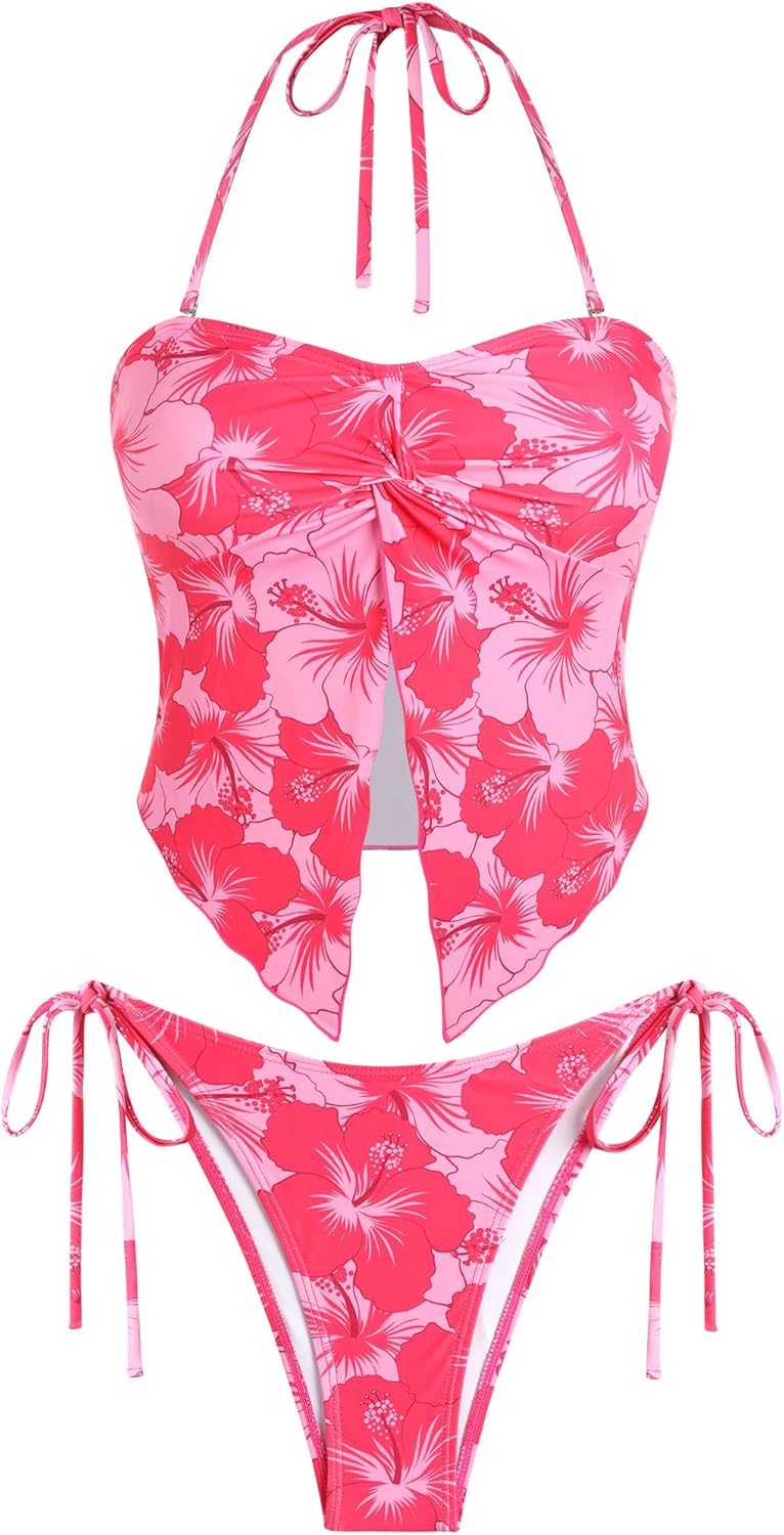 ZAFUL Floral Twist Bikini Set for Women Halter Tankini Tie Side String Swimsuit Two Piece Bathing Suit