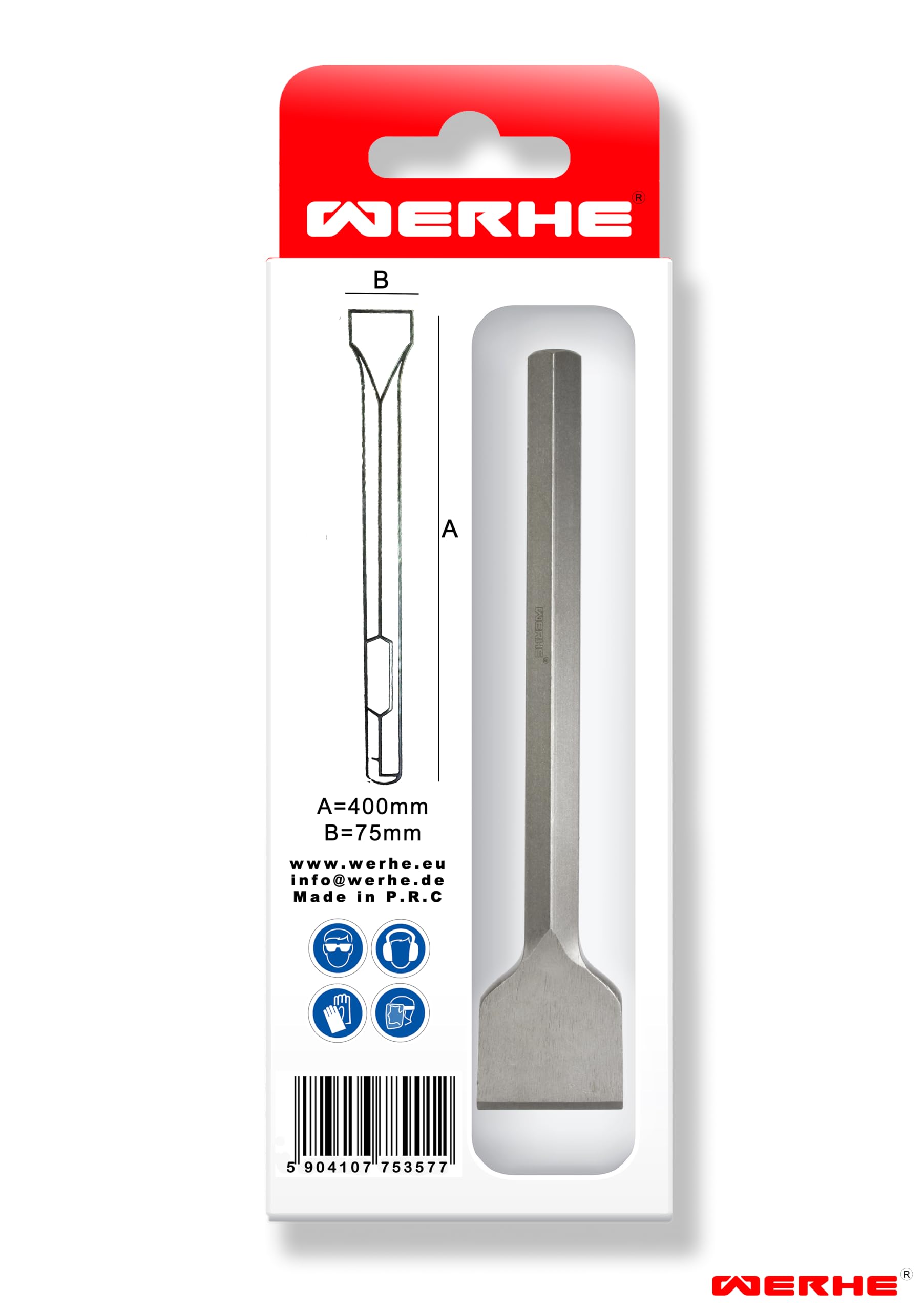 Scalpello a spatola professionale WERHE® HEX28 75 x 400 mm – Scalpello piatto per martello demolitore – Acciaio per utensili robusto