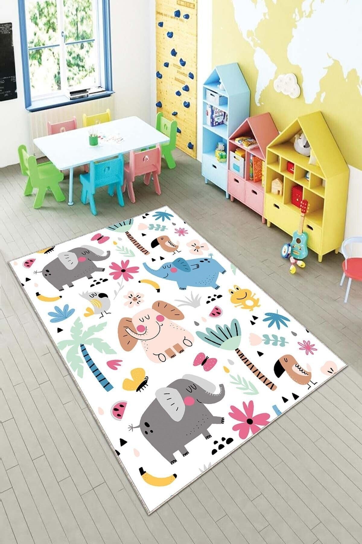 Pelangi Beyaz Sevimli Hayvanlar Desenli Yıkanabilir Kaymaz Taban Leke Tutmazbebek Ve Çocuk Odası Halısı, Beyaz-Gri 120 x 160, 901357047120160