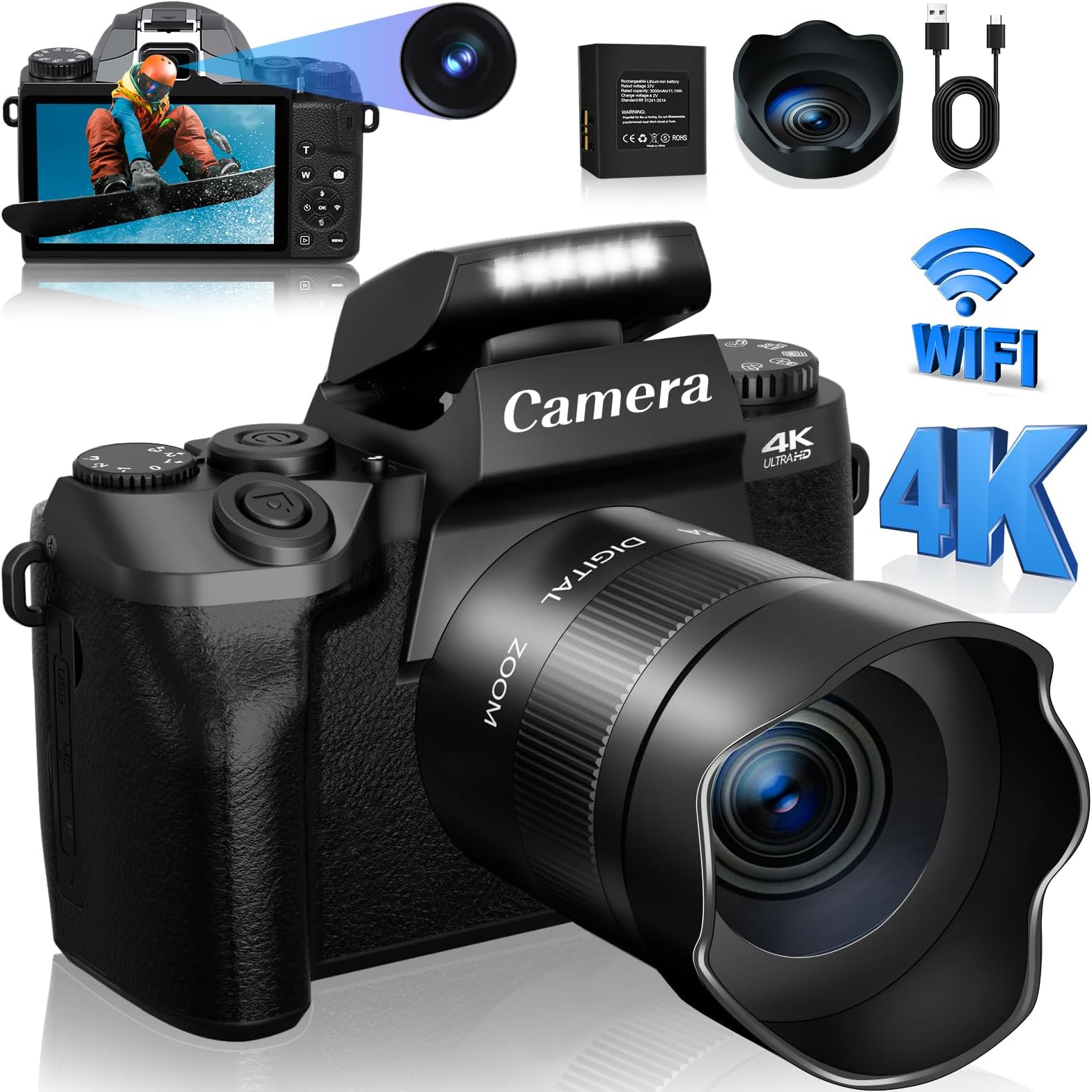 Cameras for Photography, 4K 64MP Vlogging Camera for YouTube, Autofocus Digital Camera with Large 4.0“ Touchscreen 16x Digital Zoom, Dual Camera, 3000mAH Battery, Lens Hood, 32G Memory Card, Black