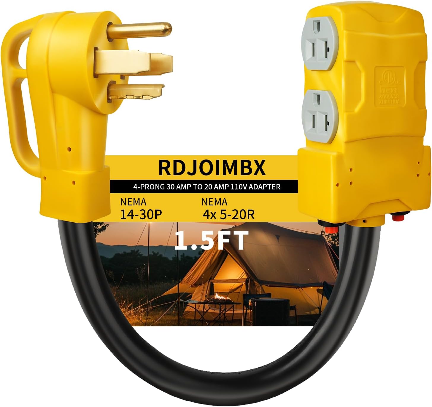 30 Amp to 20 Amp 110V Dryer Distribution Adapter, NEMA 14-30P to 4X 5-15R/5-20R w/ 24A Circuit Breaker, 4-Prong Dryer Male Plug to 4 T-Blade Household Outlet,1.5 FT, ETL Listed 14-30P to 4X 5-20R