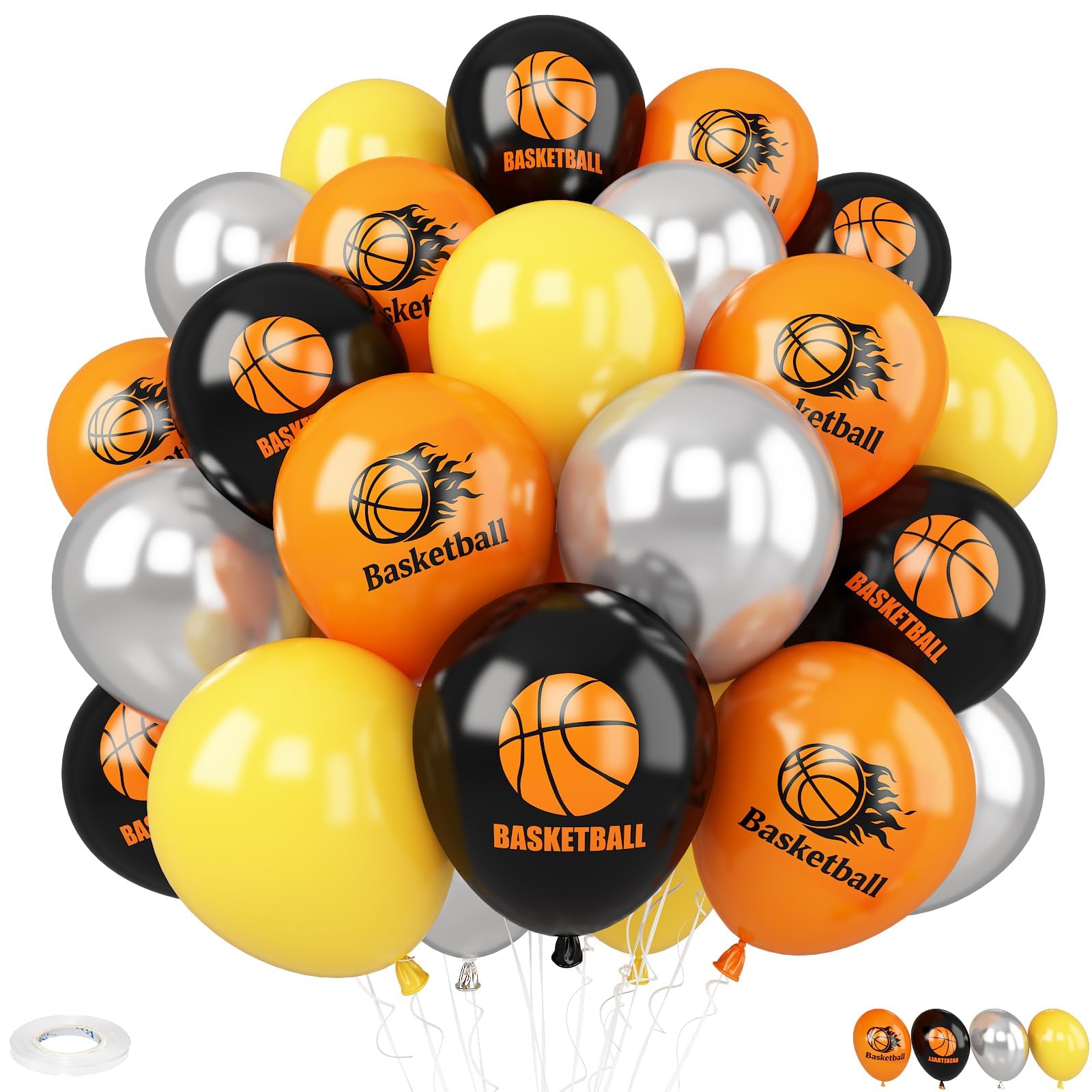 Basketball Balloons, 30 Pcs 12inch Orange Black Metallic Silver and Basketball Printed Latex Balloons for Sport theme Party Boys Birthday Decorations