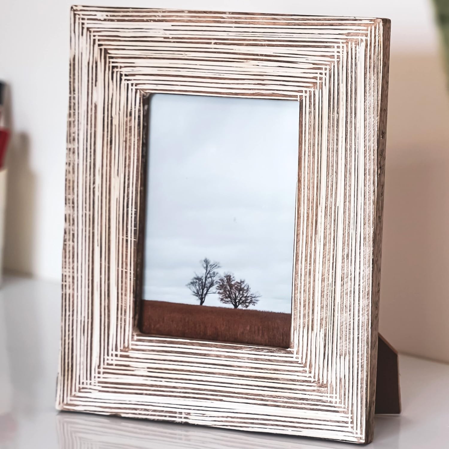 UHUD CRAFTS 4x6 3D Lining Design Solid Rectangular Wood Picture Frame Farmhouse Rustic Vintage Distressed Picture Frame for Table Top Display and Wall Hanging, 26L x 20W Centimeter