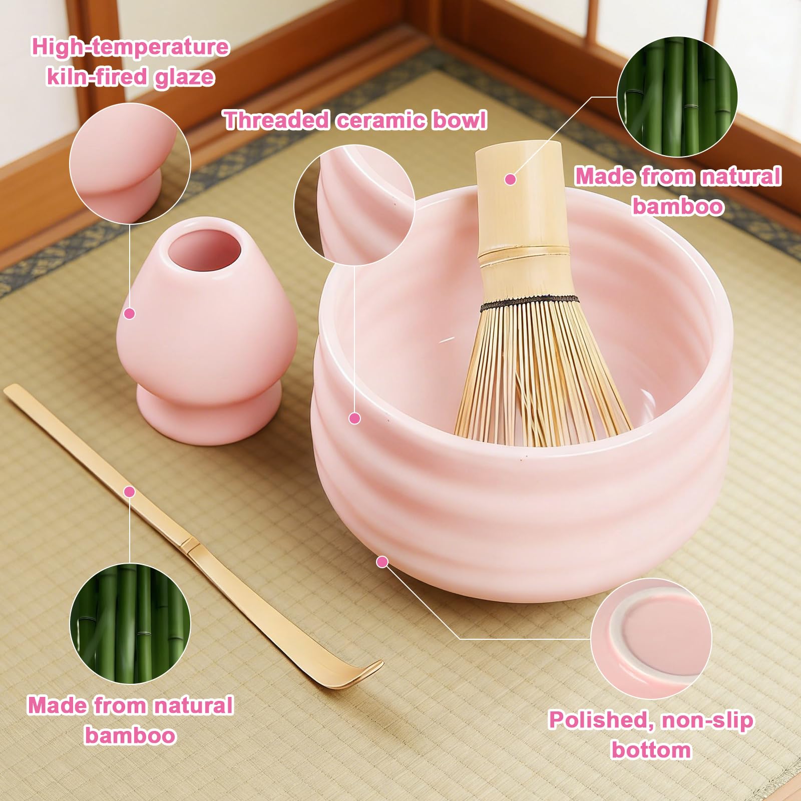 Matcha Kit 5 Pezzi per Principianti, Kit Matcha Completo con Ciotola e Supporto, Cucchiaio, Frusta in Bambù per Cerimonia Tè Matcha Artigianale