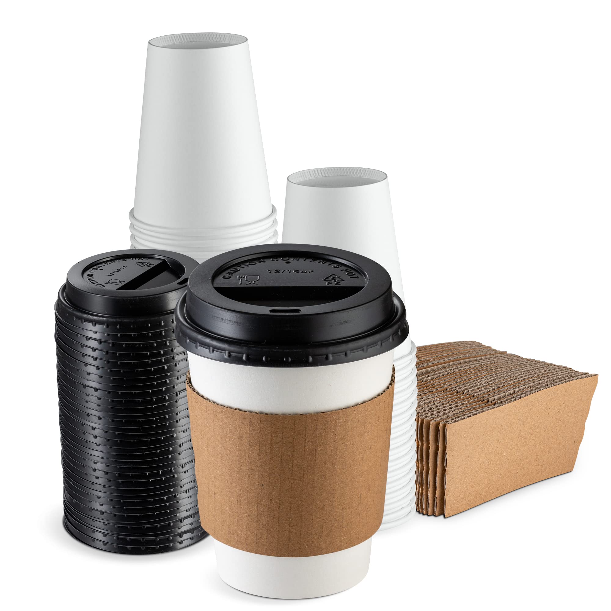 GUSTO [12 oz. - 50 Sets Disposable Coffee Cups with Lids and sleeves - To Go Paper Hot Cups for Travel and Office Use - Formerly Comfy Package