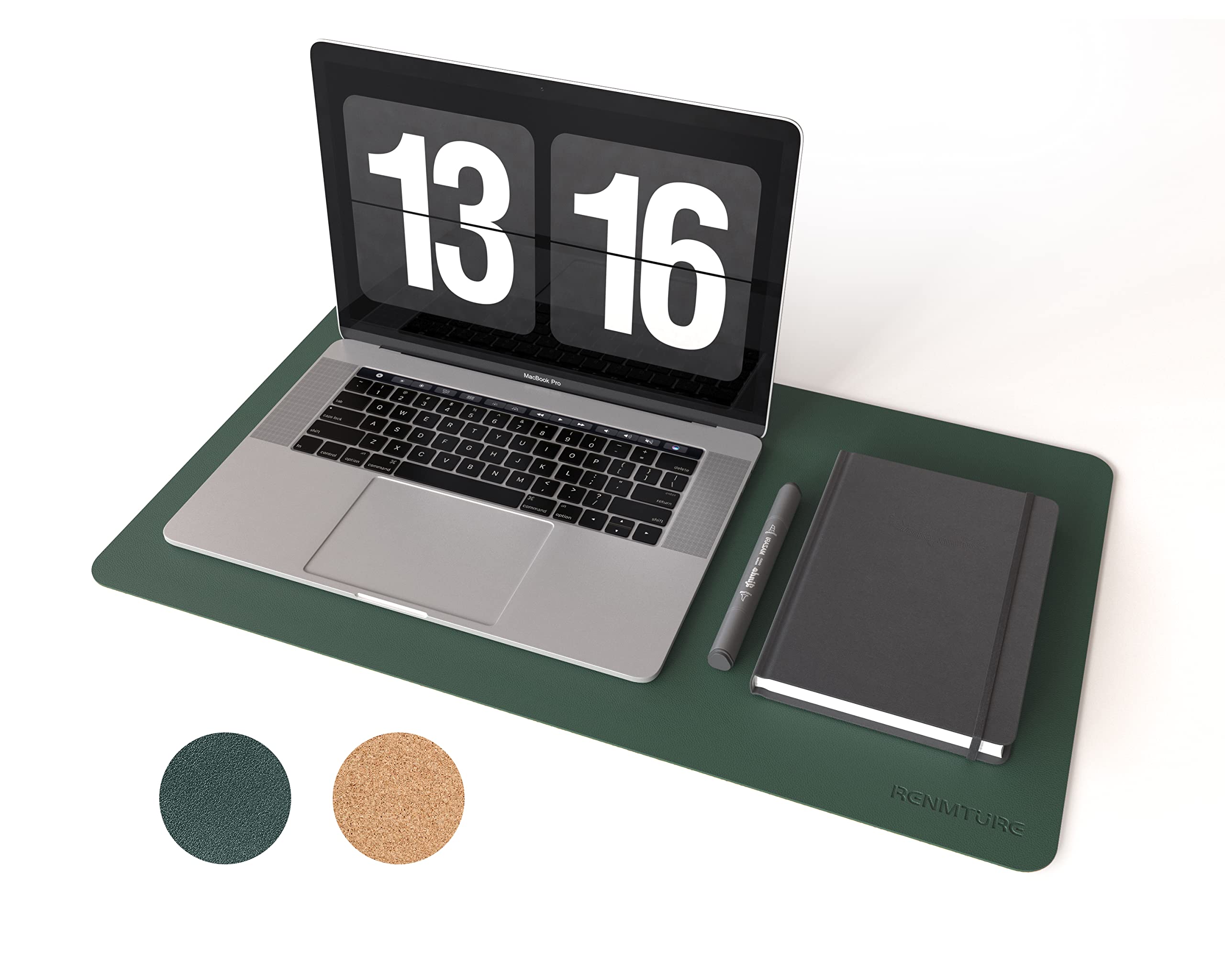 RENMTURE Dual-Sided Mouse Pad, Natural Cork & PU Leather Large Desk Pad for Office and Home Work, Desk Protector Non-Slip, Waterproof, Easy Clean (Dark Green, 23.6" x 13.7") — image 1