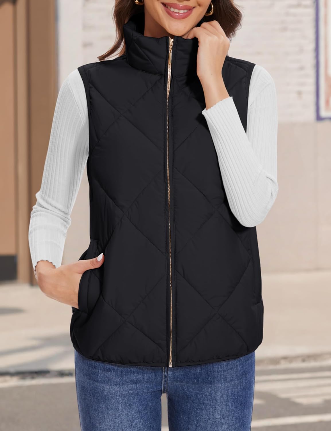 YUCOLEN Women's Quilted Vest Stand Collar Lightweight Zip Padded Gilet Sleeveless Jackets Coats Outerwear with Pockets - Image 2