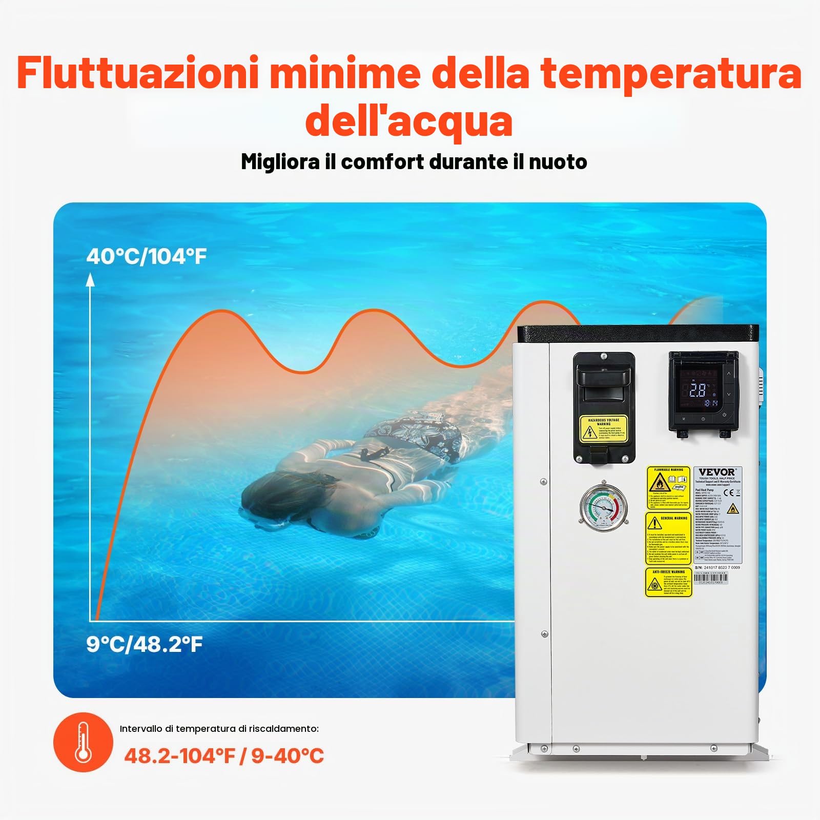 VEVOR Pompa di Calore Elettrica per Piscina, capacità 3,22-15,25 kW, Riscaldatori Frequenza Variabile a Risparmio Energetico Piscine Fuori Terra 30-60 m³, Riscaldamento Scaldabagno AC 220-240 V 50 Hz