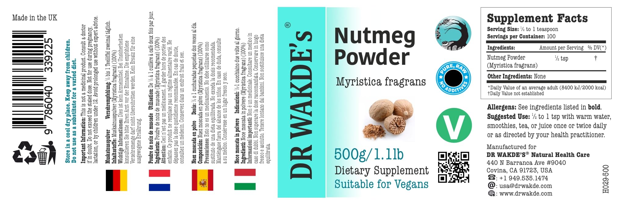 DR WAKDE'S Muskatnusspulver (Myristica fragrans) - 1 kg (2.2lb) | Rein, Raw & Getrocknetes Pulver | Ayurveda-Kräuter | Vegan | Nichts hinzugefügt, nichts entfernt | Am selben Tag Versand