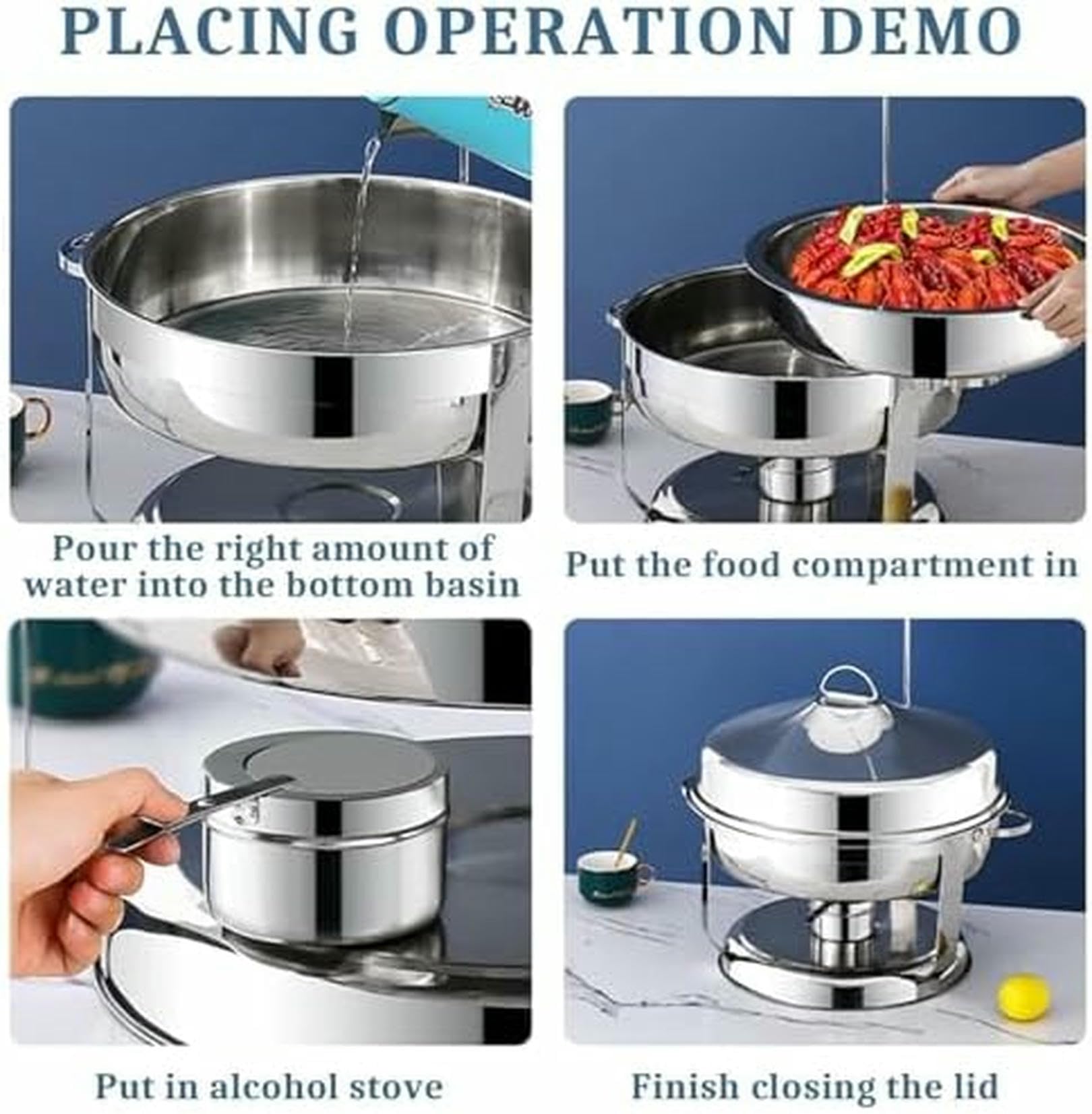 Chafing Dish in Acciaio Inossidabile con Coperchio sospeso, Set di contenitori riscaldanti per Buffet di Catering, Inclusi teglia per Cibo, teglia per Acqua, Contenitore per combustibile~/