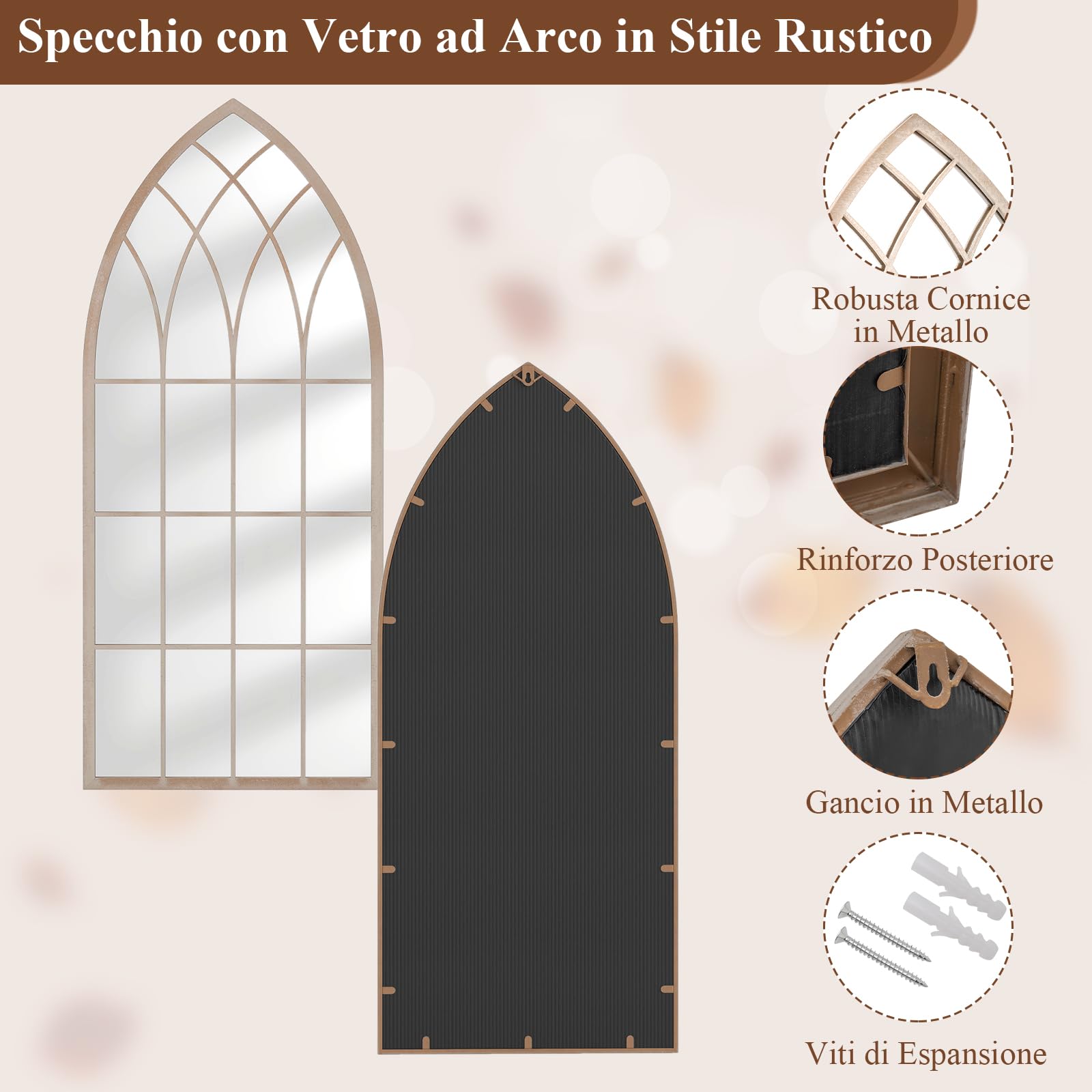 COSTWAY Specchio da Parete, Specchio a Finestra in Stile Rustico con Cornice Metallica, Specchio Decorativo Antideflagrante per Soggiorno Ingresso Camino, 115 x 50 cm