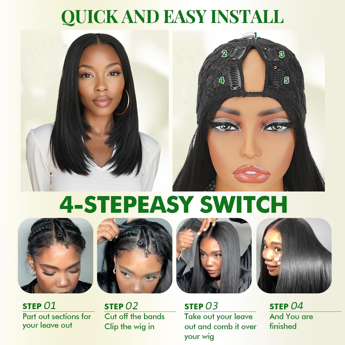 Ainmeys v Part bob Wigs 220% Density Brazilian Yaki Straight v Shape human hair Wigs for black Women No leave out Upgrade U Part short bob Wigs With Drawstring Glueless Clip In Half Wigs(10INCH)