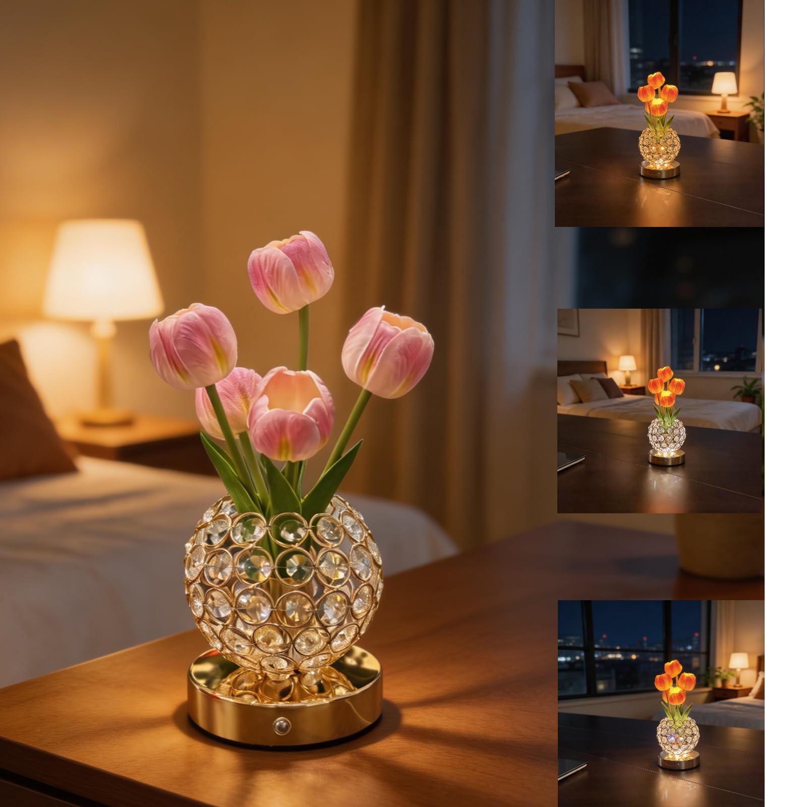 ALEENFOON Tulip Flower Night Light,USB Rechargeable Touch Lamps Bedside,3 Colors Dimmable Bedside Lamps,Artificial Tulip Lamp with Vase,Home Decoration,Gifts for Women,Valentine's Day,Birthday