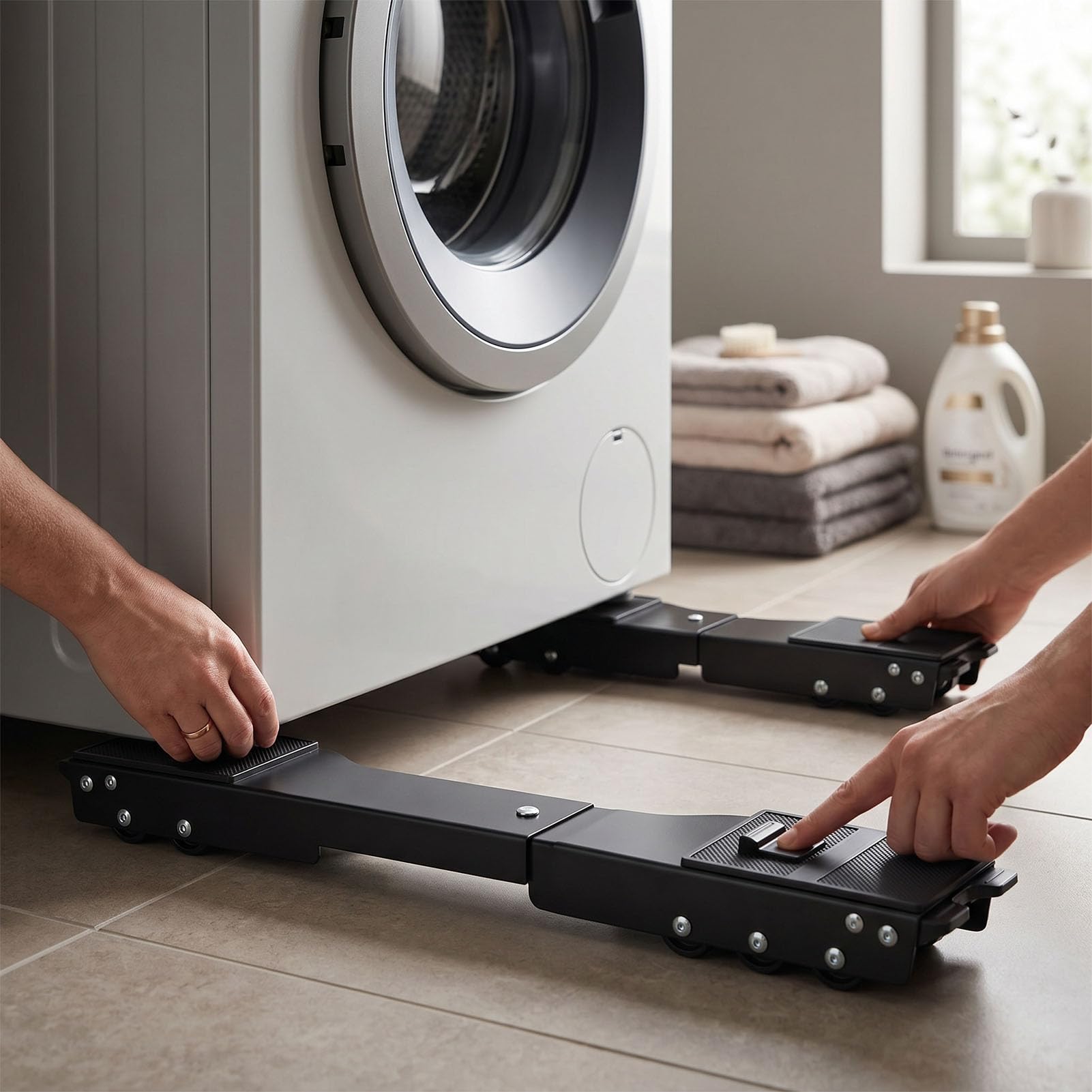 VBESTLIFE Rodillo para Electrodomésticos, Base Ajustable para Lavadora de 550-690 Mm con 36 Ruedas y Cerraduras Antivibración para Refrigerador y Congelador (Ruedas Negras)