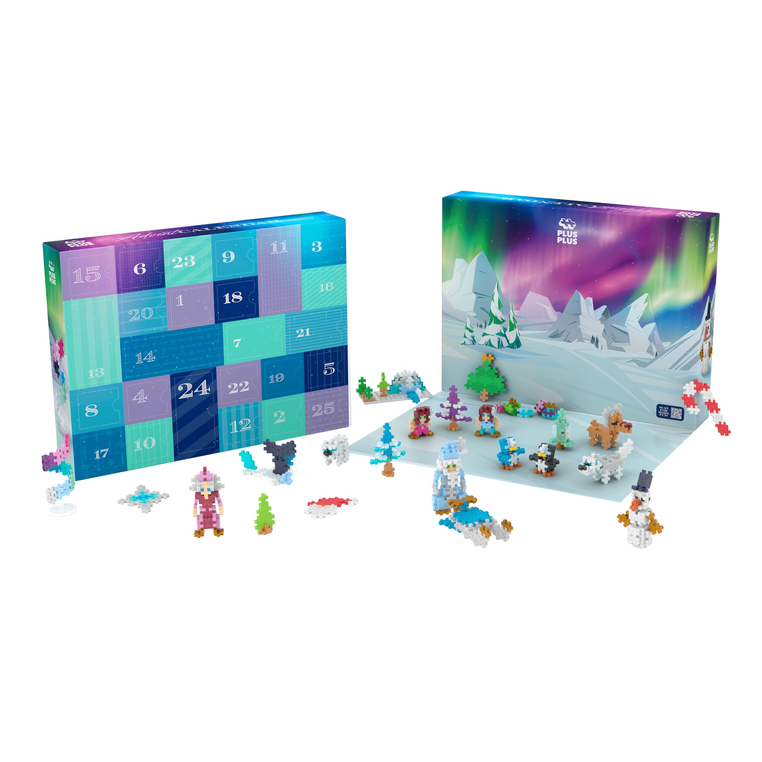 PLUS PLUS Calendario de Adviento de Navidad 2025, 25 juguetes de bloques de construcción para niños, mini kits de rompecabezas 3D, divertidos regalos de tallo de cuenta regresiva de vacaciones, 600