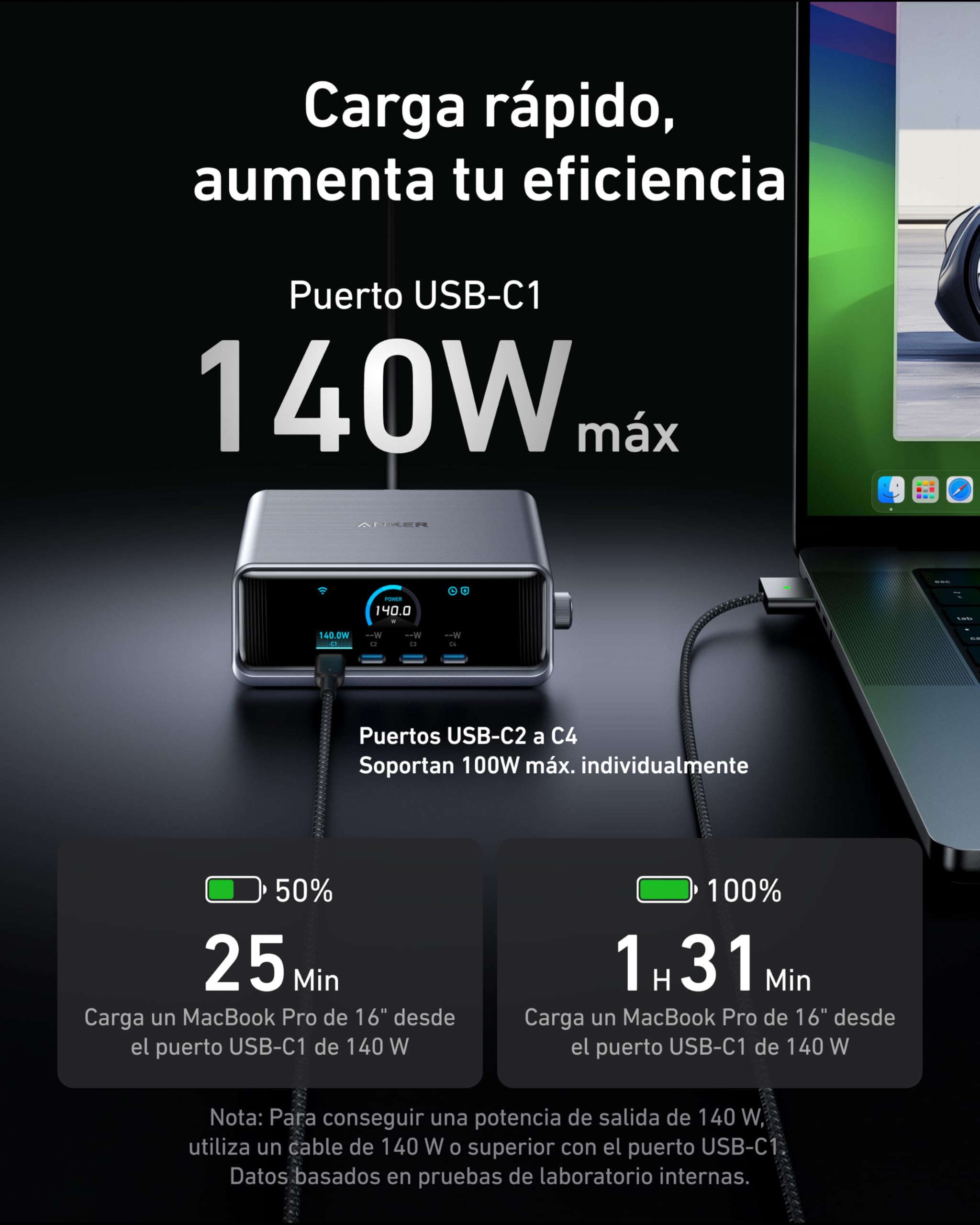 Anker Prime GAN Cargador USB C Carga Rapida 250 W, Estación de 6 Puertos, Pantalla LCD de 2,26" y Dial de Control Inteligente para MacBook Pro/Air, iPhone 17/16/15/14 Air, Pixel, Galaxy, Apple Watch