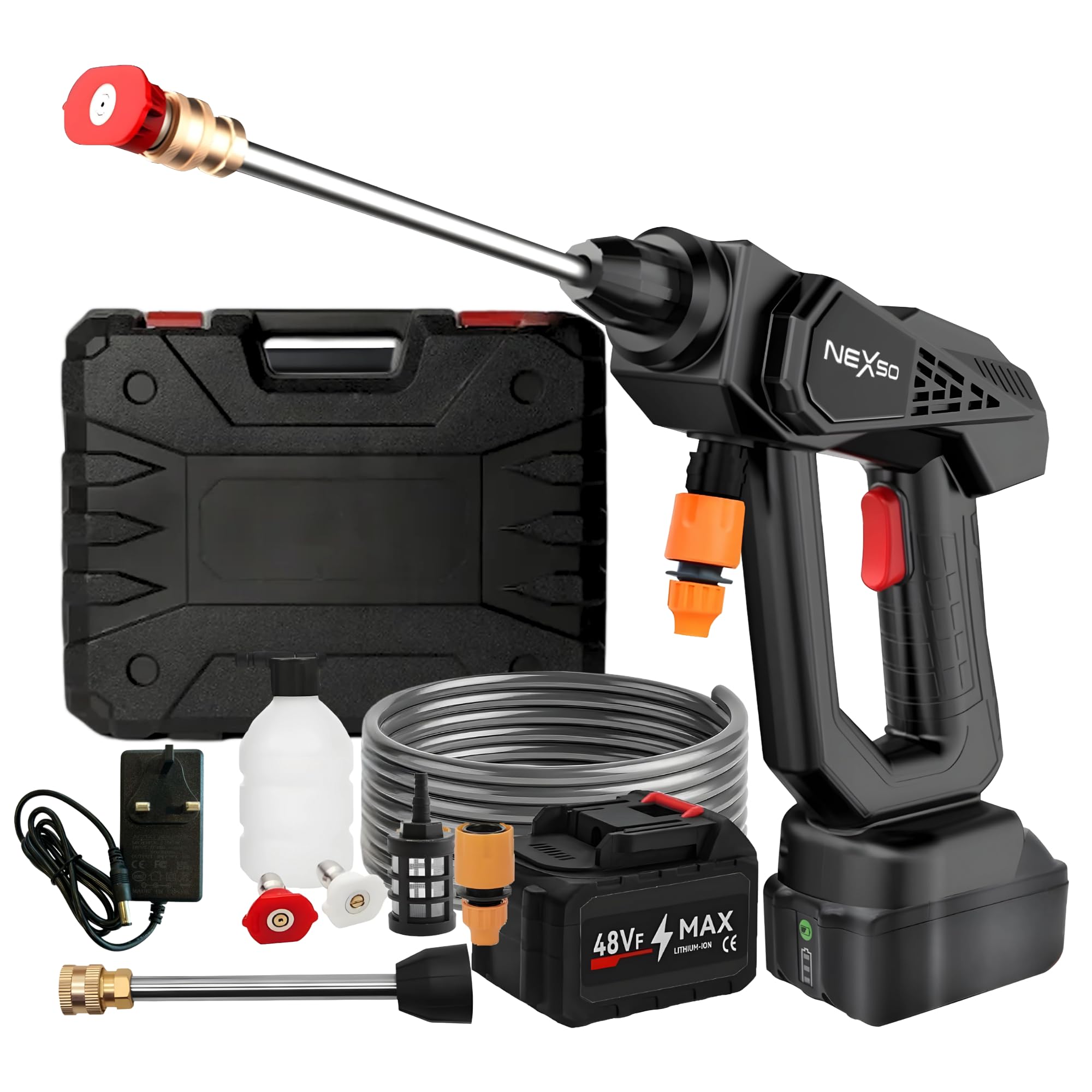 21V Cordless Pressure Washer – Portable High-Pressure Water Pressure Washer for Car & Home Cleaning, 48V 12000mAh Battery, 5m Hose, Adjustable Nozzles & Foam Pot, Effortless Cleaning