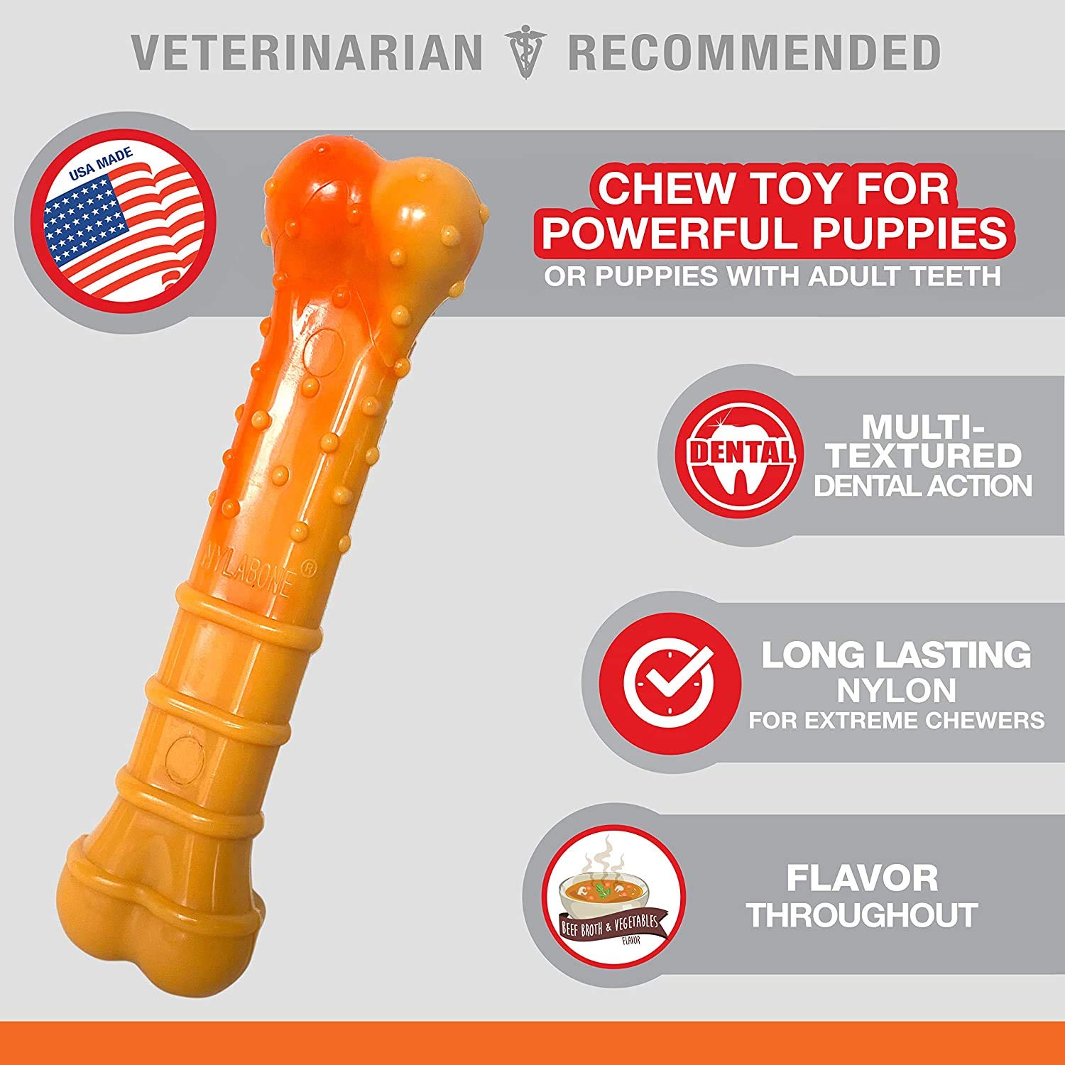 Nylabone Puppy Power Kauspielzeug für Welpen, Nylon, groß, Rindbrühe und Gemüse, 3 Stück