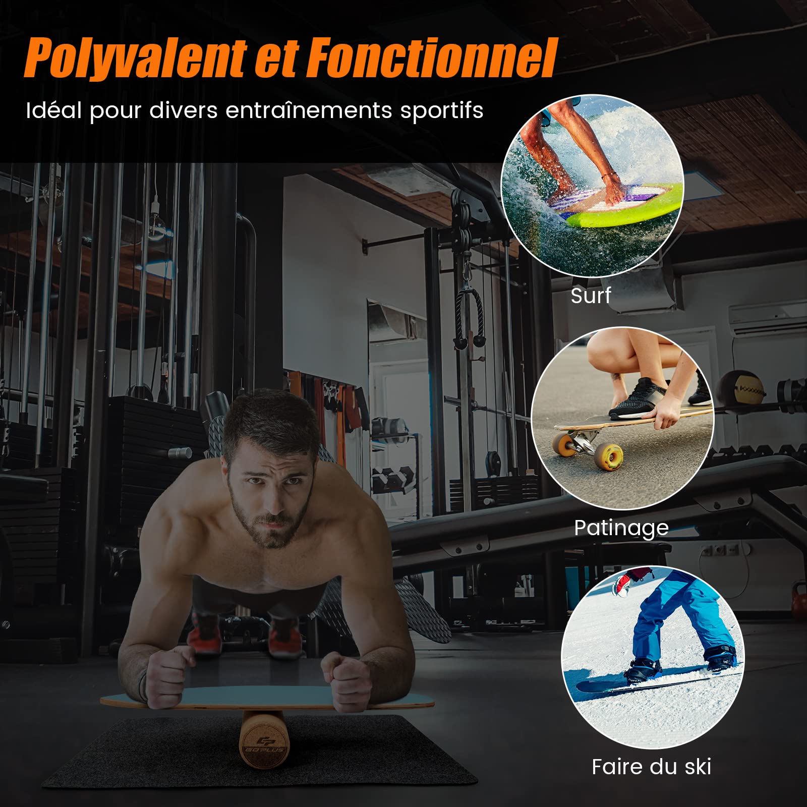 GOPLUS Planche d'Équilibre en Bois avec Rouleau en Liège et Tapis de Feutre Antidérapant, Surf Balance Board d’Entraînement, Améliore Force du Tronc, Charge Max 100kg