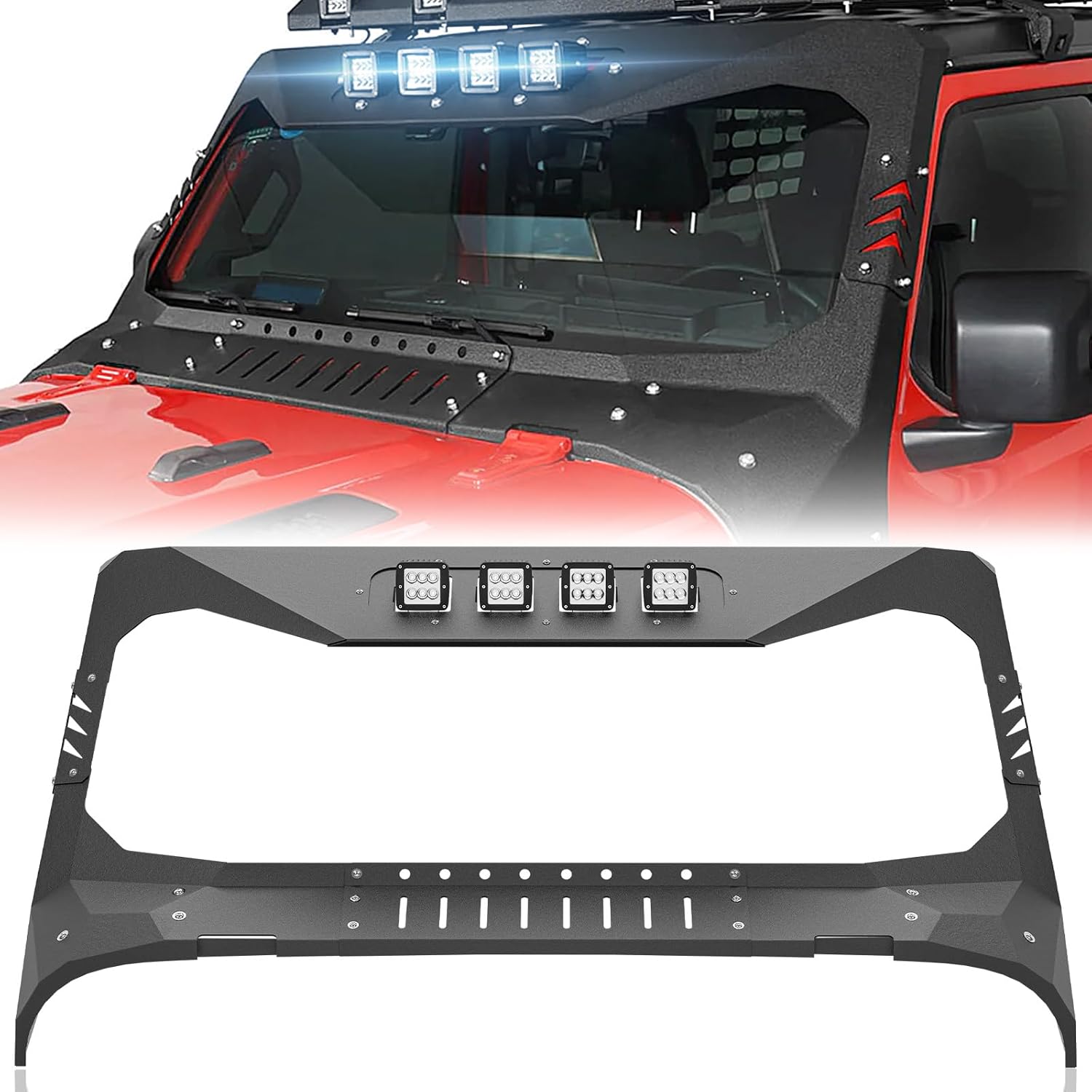 for JL JT Windshield Frame Cover Madmax Roof Sun Visor Cowl Body Armor with 4 LED Lights Insert Compatible with 2018-2026 Jeep Wrangler JL JLU & Gladiator JT (Excluding JT Mojave & JL 4xe)