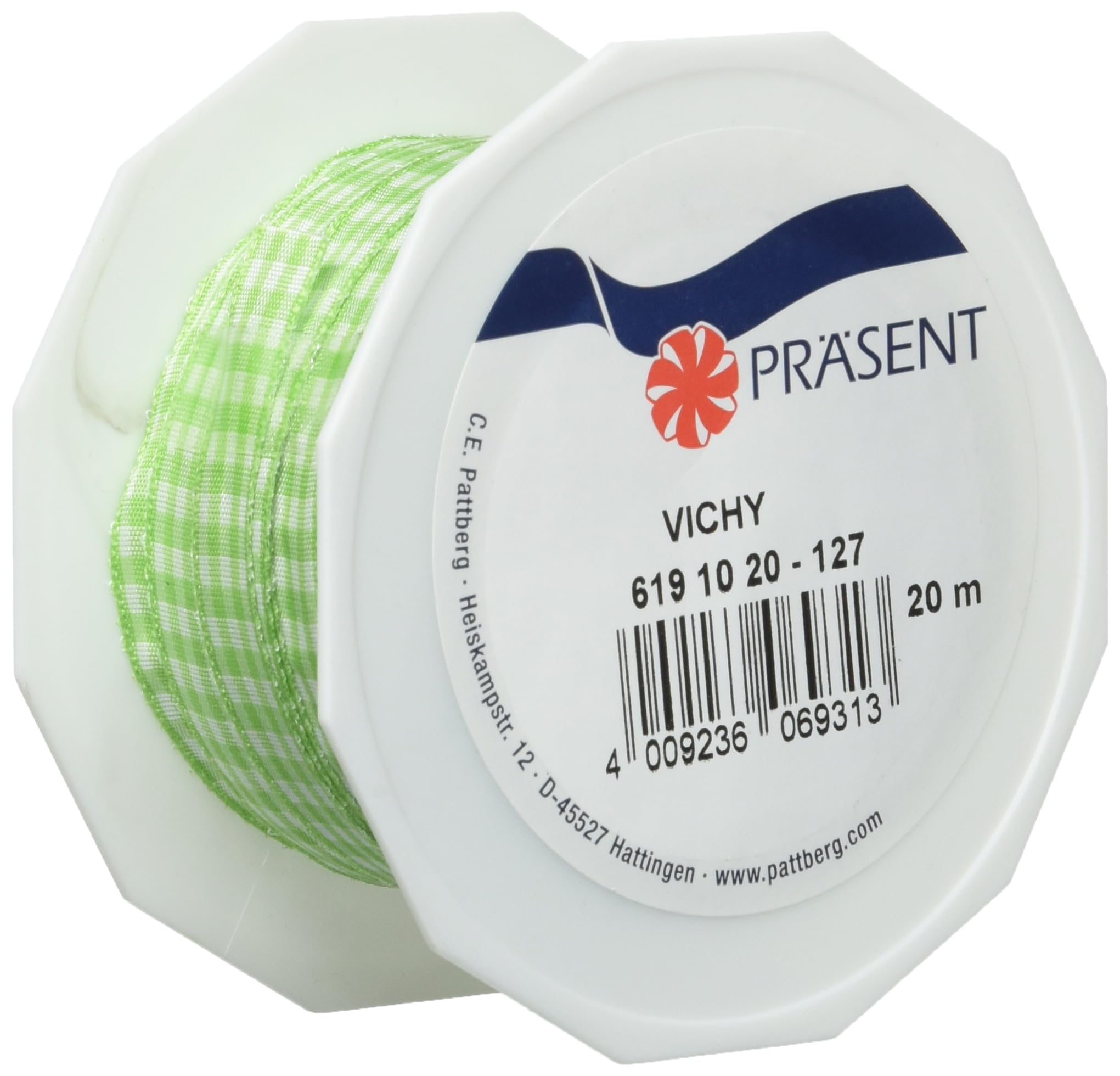 PRÄSENT - Vichy Wired Ribbon Lime Green-White 10 mm width, 20 m length