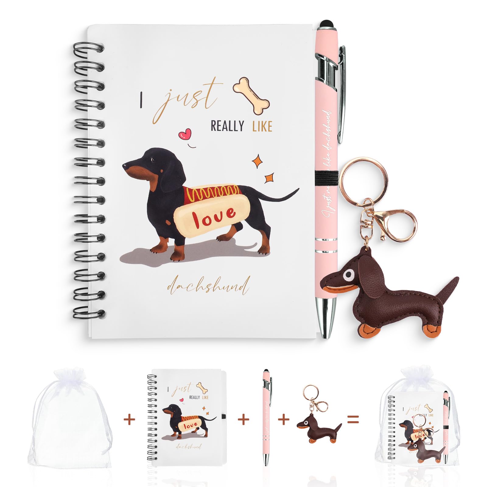 GADITIEK Dachshund Gifts for Women – Sausage Dog Gift Set with Cute A6 Notebook, Pink Pen & Dachshund Keychain – Adorable Dog Lover Gifts