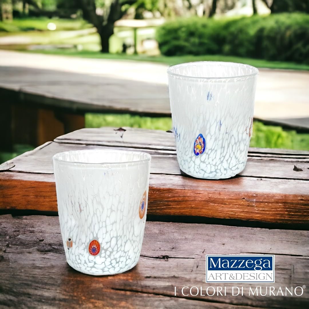 MAZZEGA ART & DESIGN - 6 Bicchieri Tumbler Bianco in Vetro Soffiati e Lavorati a Mano con Murrine di Murano, linea “I Colori di Murano” 350 ml. Made in Italy (Bianco, 6)
