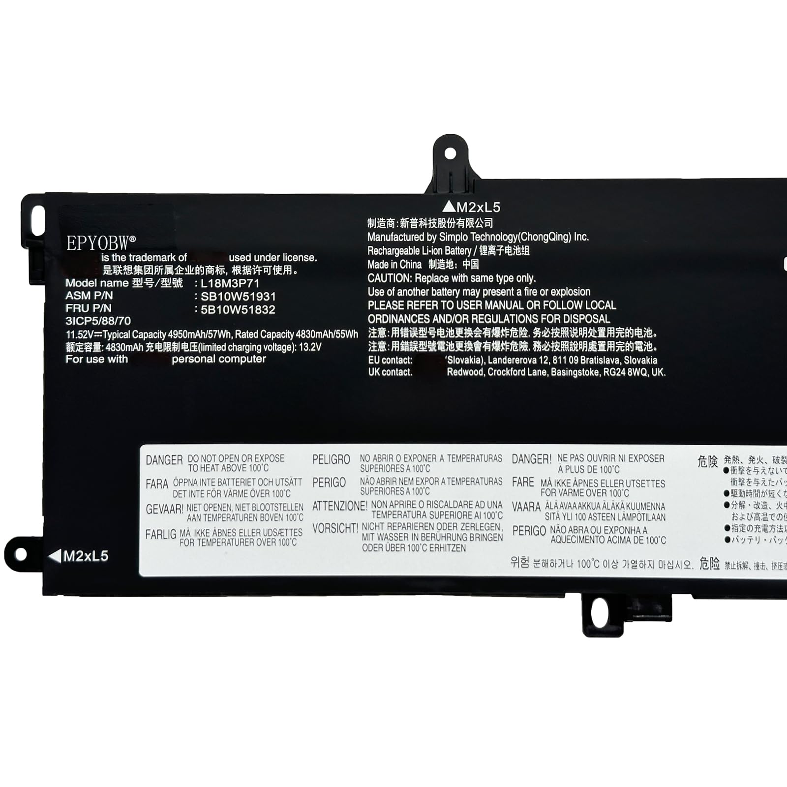 Replacement Battery For Lenovo ThinkPad T590 P53S T15 P15s - 57Wh L18M3P71 Compatible