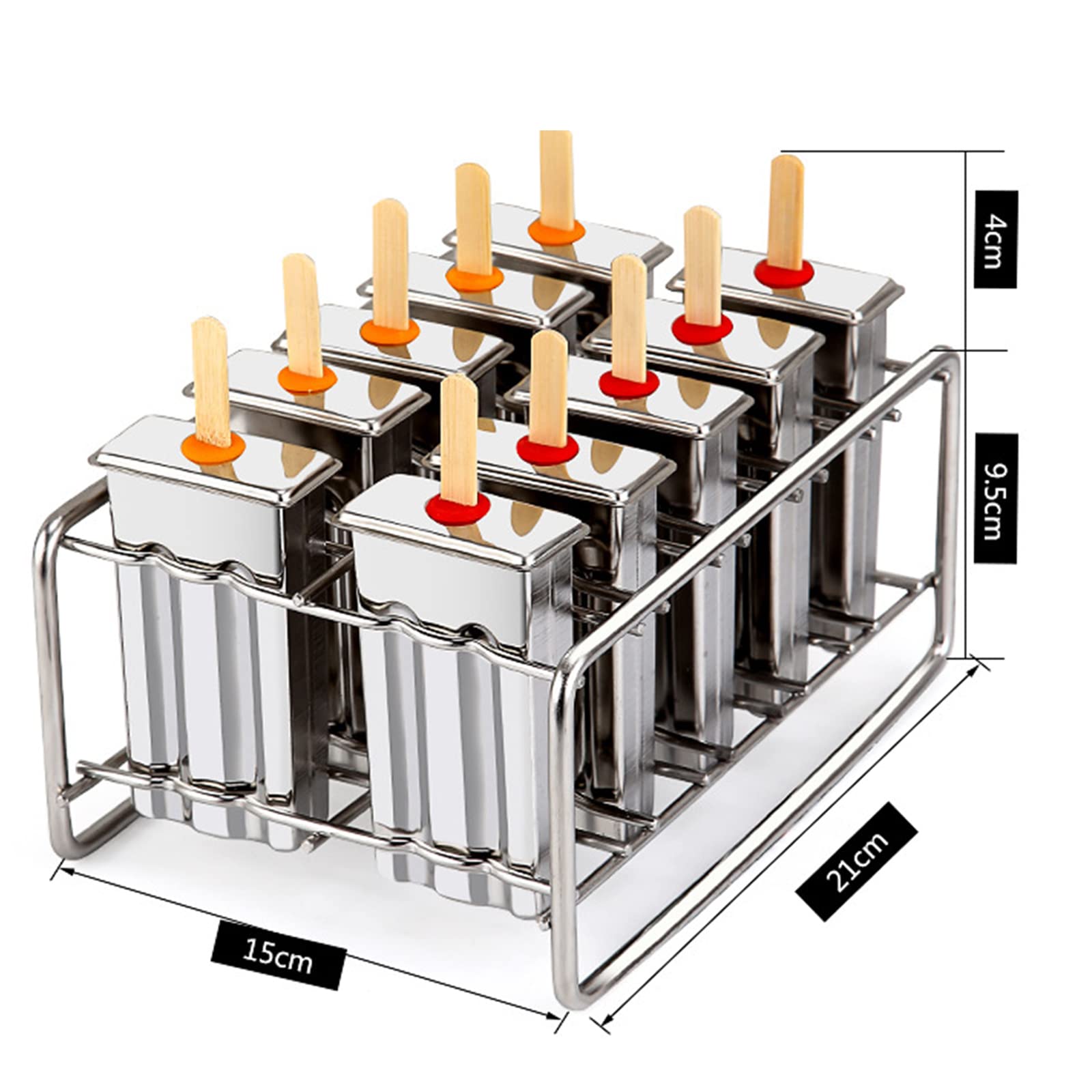 Molde para palitos de helado, 10 moldes para paletas de acero inoxidable, fabricantes comerciales de paletas de hielo con estante, 10 sellos de silicona, 100 palitos de bambú reutilizables, 20 bolsa